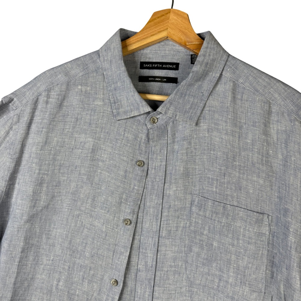 Saks Fifth Avenue Mens XXL Blue 100% Linen Short Sleeve Button Up Pocket Shirt